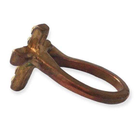Brass Cross Open Ring Sz 5.5 or 6 Goth Handmade Rhinestone Victorian Religious - Picture 6 of 16